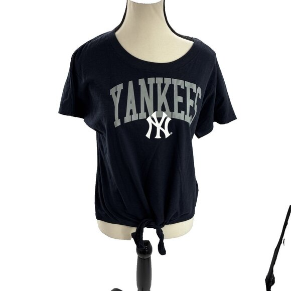 MLB Womens S New York Yankees Tie Front T Shirt Navy Blue Short Sleeve Tee - Picture 1 of 8